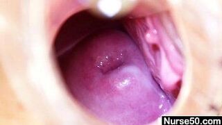 Blonde granny nurse self exam with pussy spreader - porn video